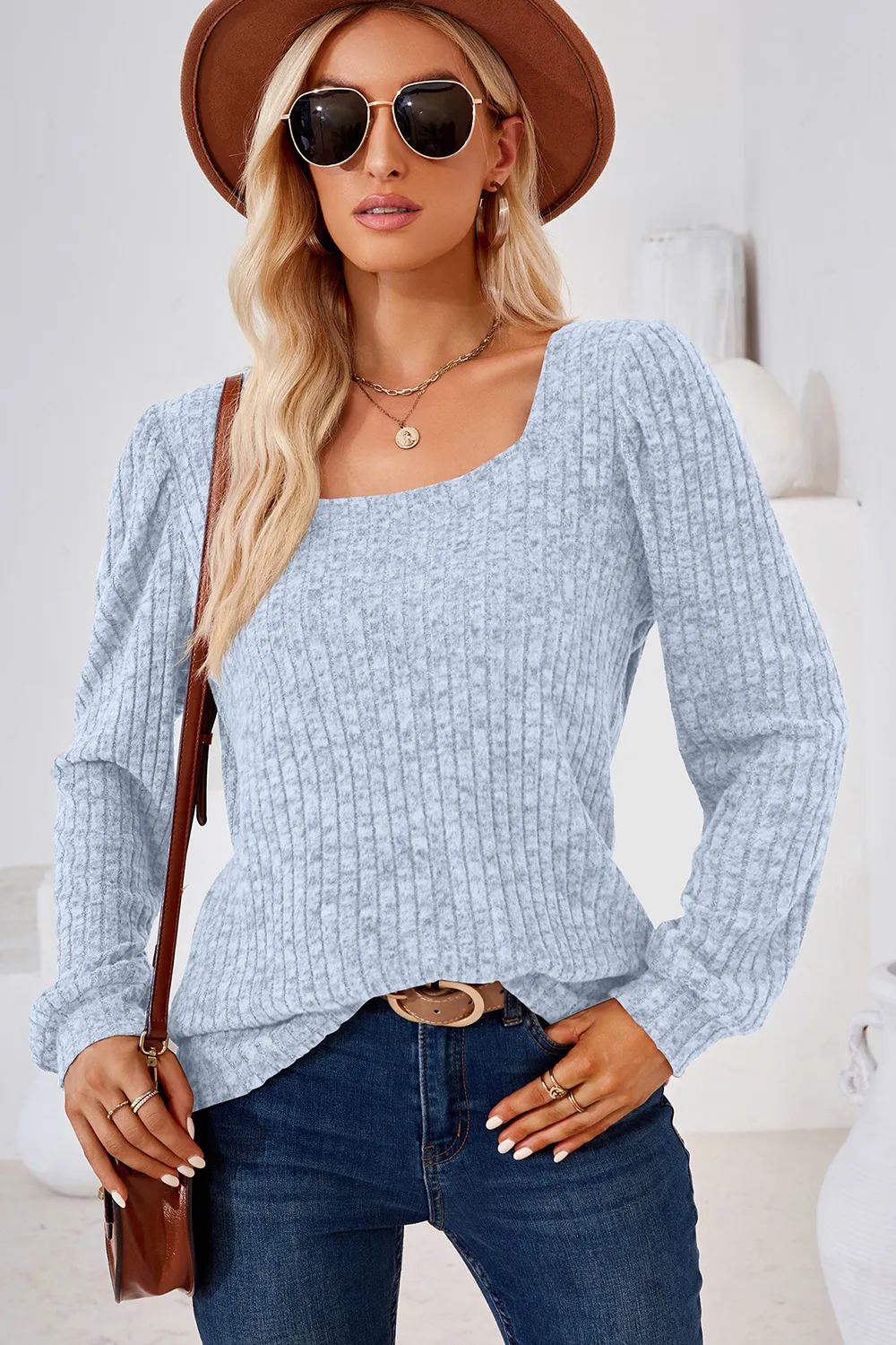 Ribbed Square Neck Long Sleeve T-Shirt, image 18
