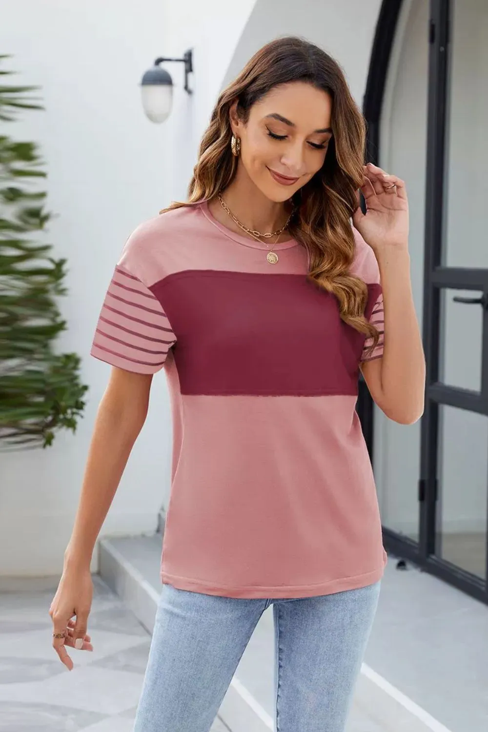 Color Block Round Neck Short Sleeve T-Shirt, image 2