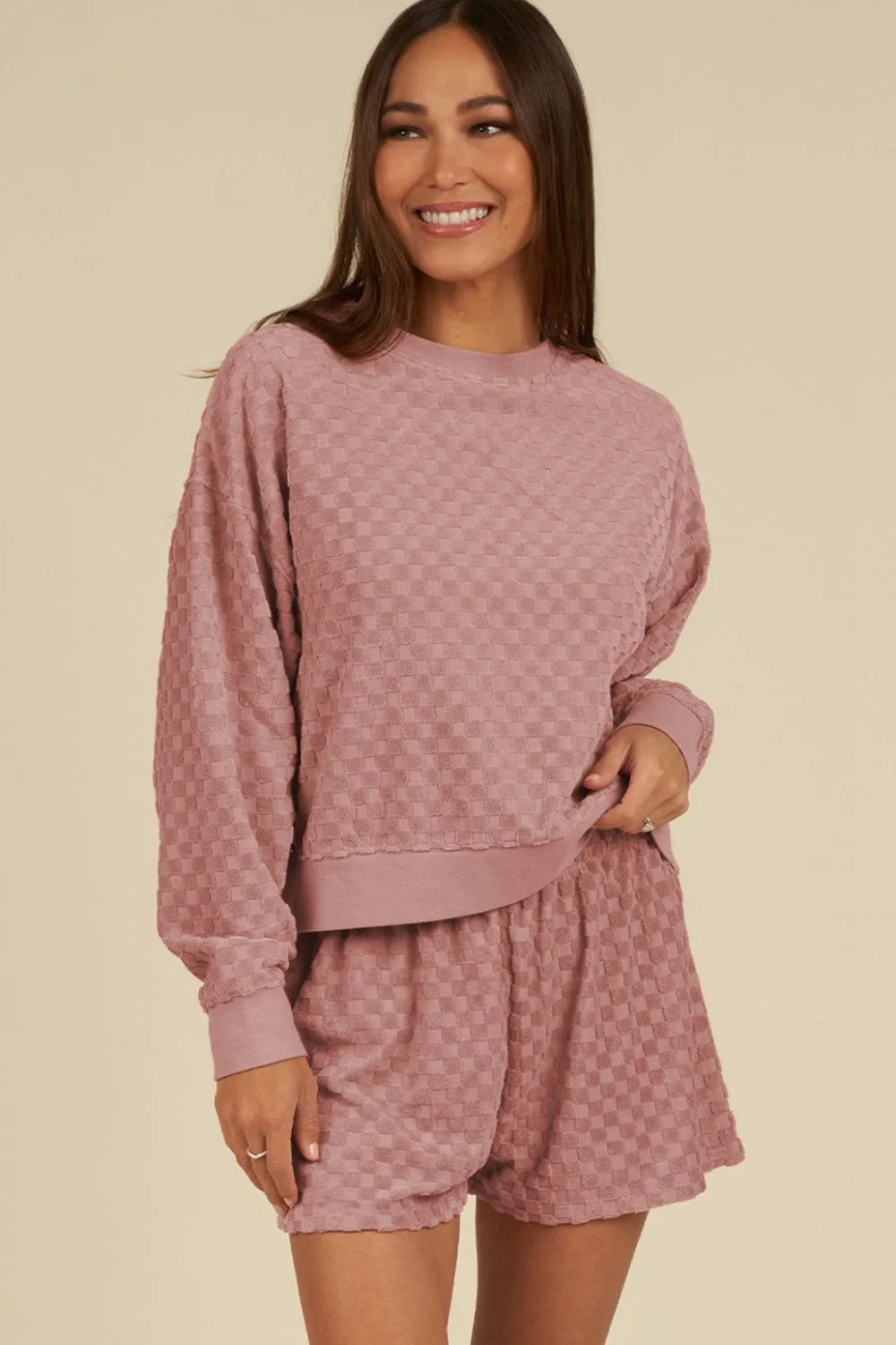Round Neck Long Sleeve Checkered Top and Shorts Set, image 3