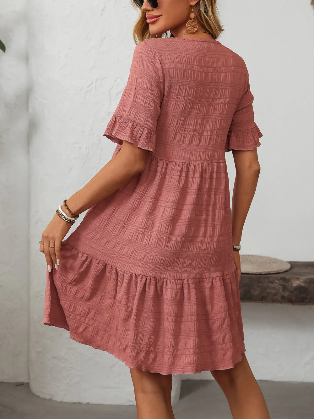 Ruffled Ruched Round Neck Half Sleeve Dress, image 13