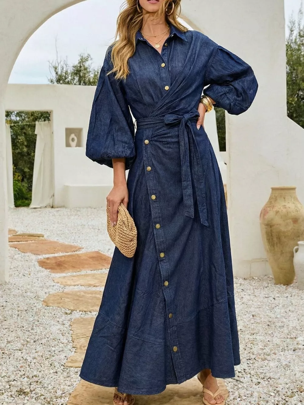 Long Sleeve Wrap-Front Denim Dress, image 4