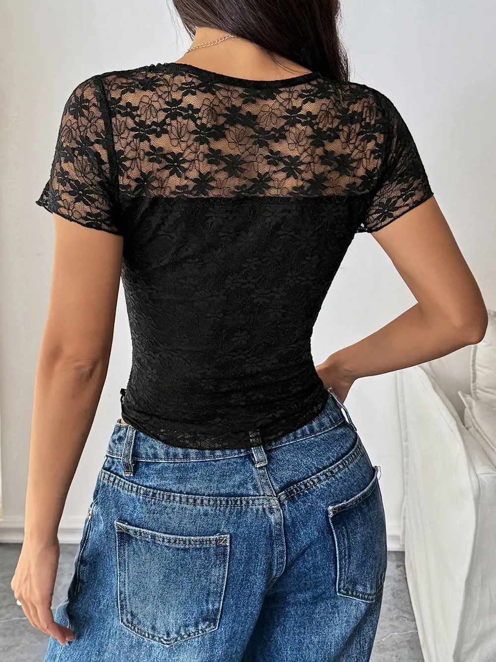 Lace Round Neck Short Sleeve Top, image 6