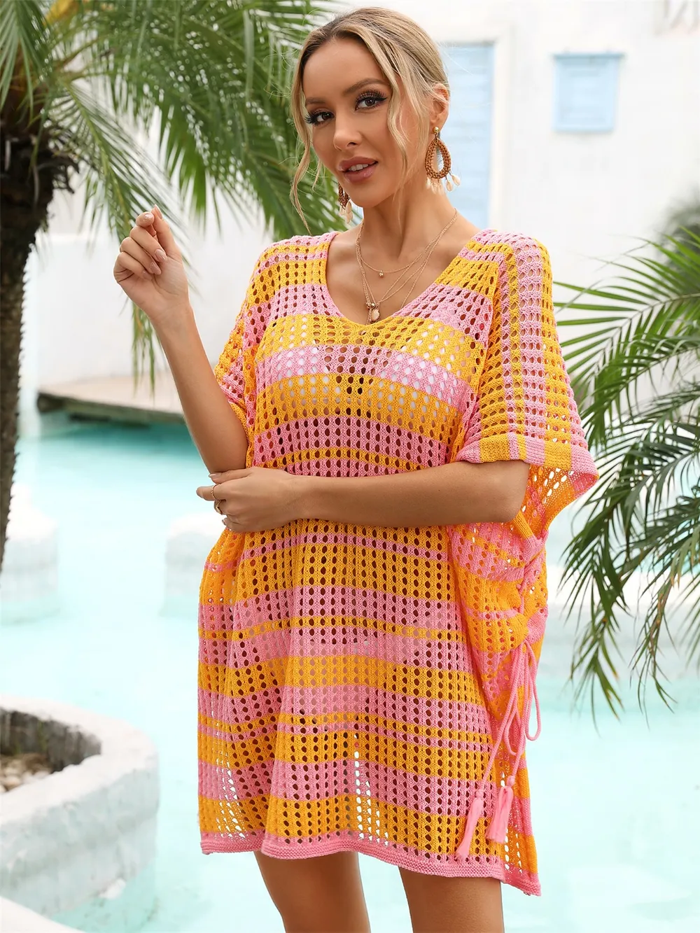 Tassel Openwork Striped V-Neck Cover Up, image 18