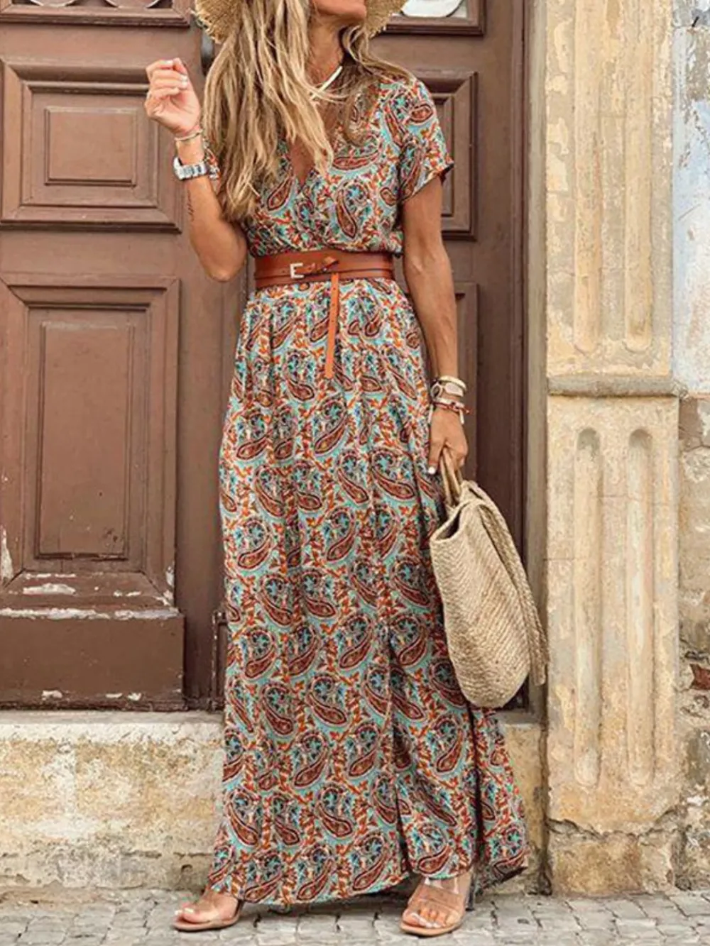 Full Size Printed V-Neck Short Sleeve Maxi Dress Plus Size, image 5