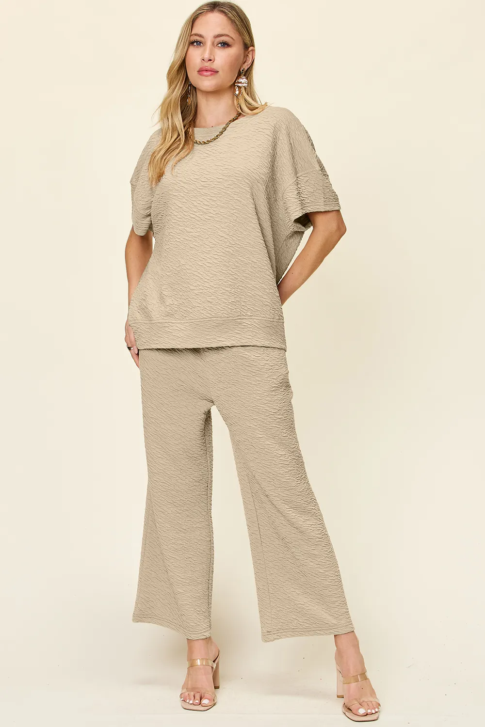 Full Size Texture Short Sleeve Top and Pants Set, image 8