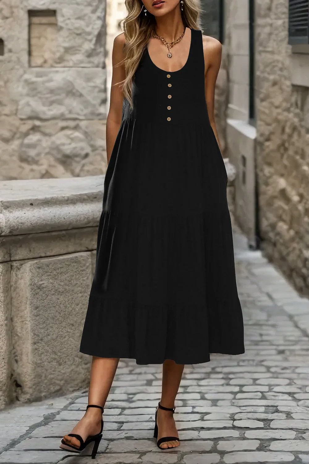 Decorative Button Tiered Tank Dress, image 5