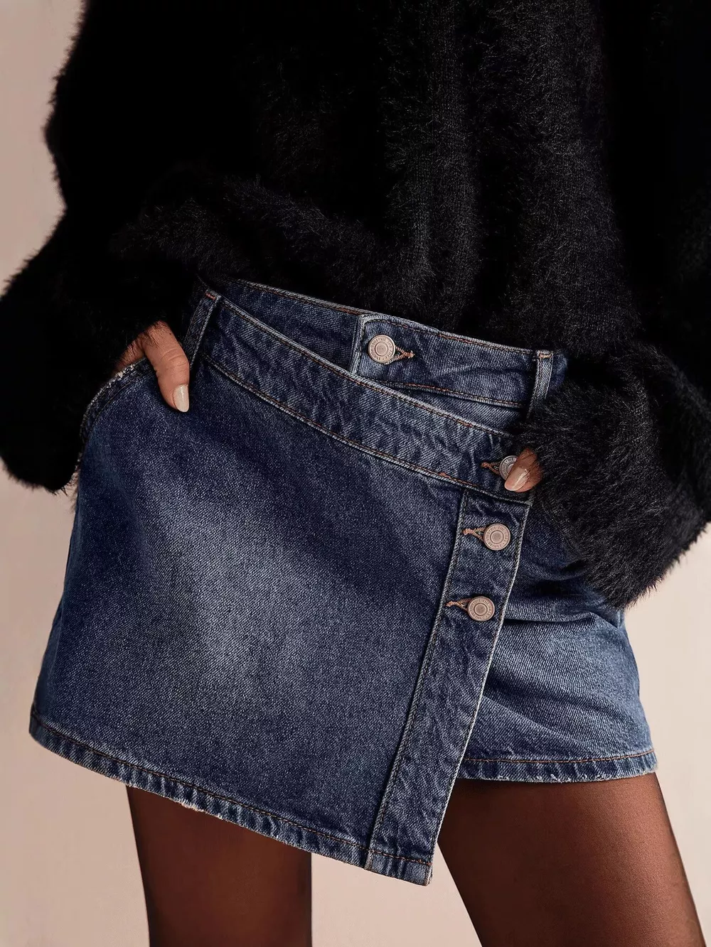 Asymmetrical Button-Front Denim Skort, image 14