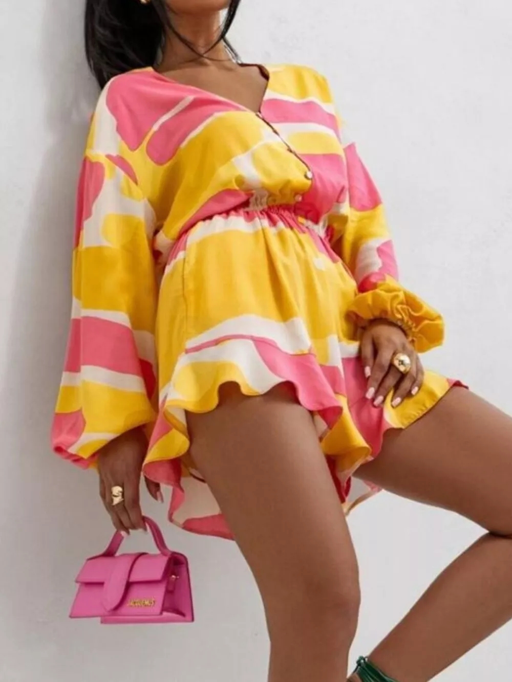 Floral V-Neck Long Sleeve Romper with Elastic Waist, image 9