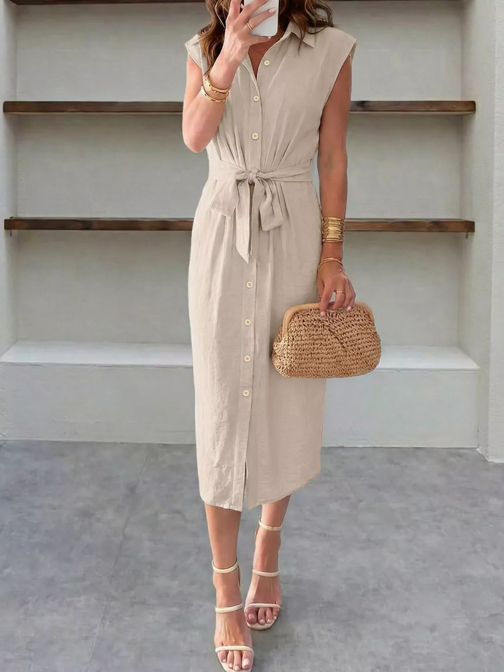 Sleeveless Button-Down Tie Waist Midi Dress, image 4