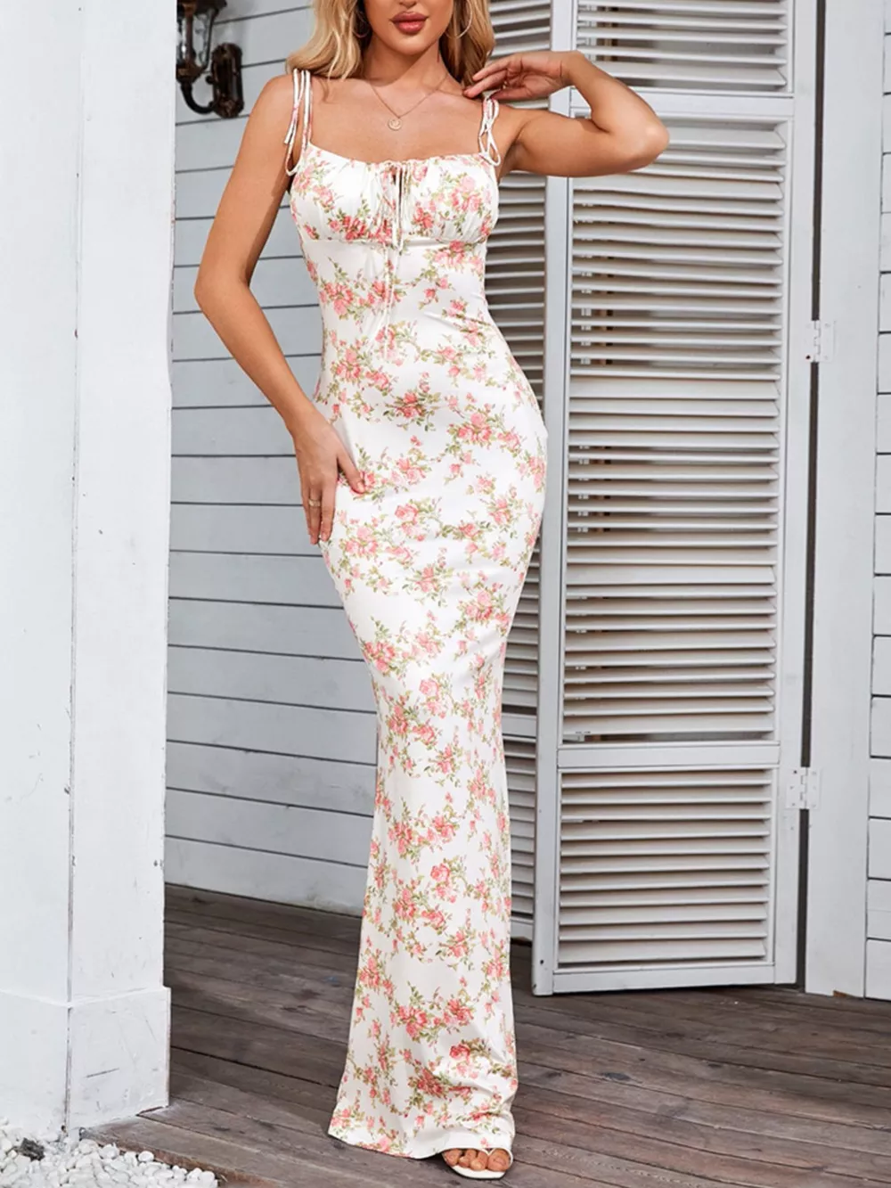 Floral Print Tie Strap Bodycon Maxi Dress, image 6