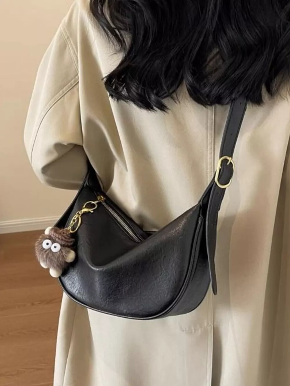 Crescent Shoulder Bag with Plush Charm, image 3