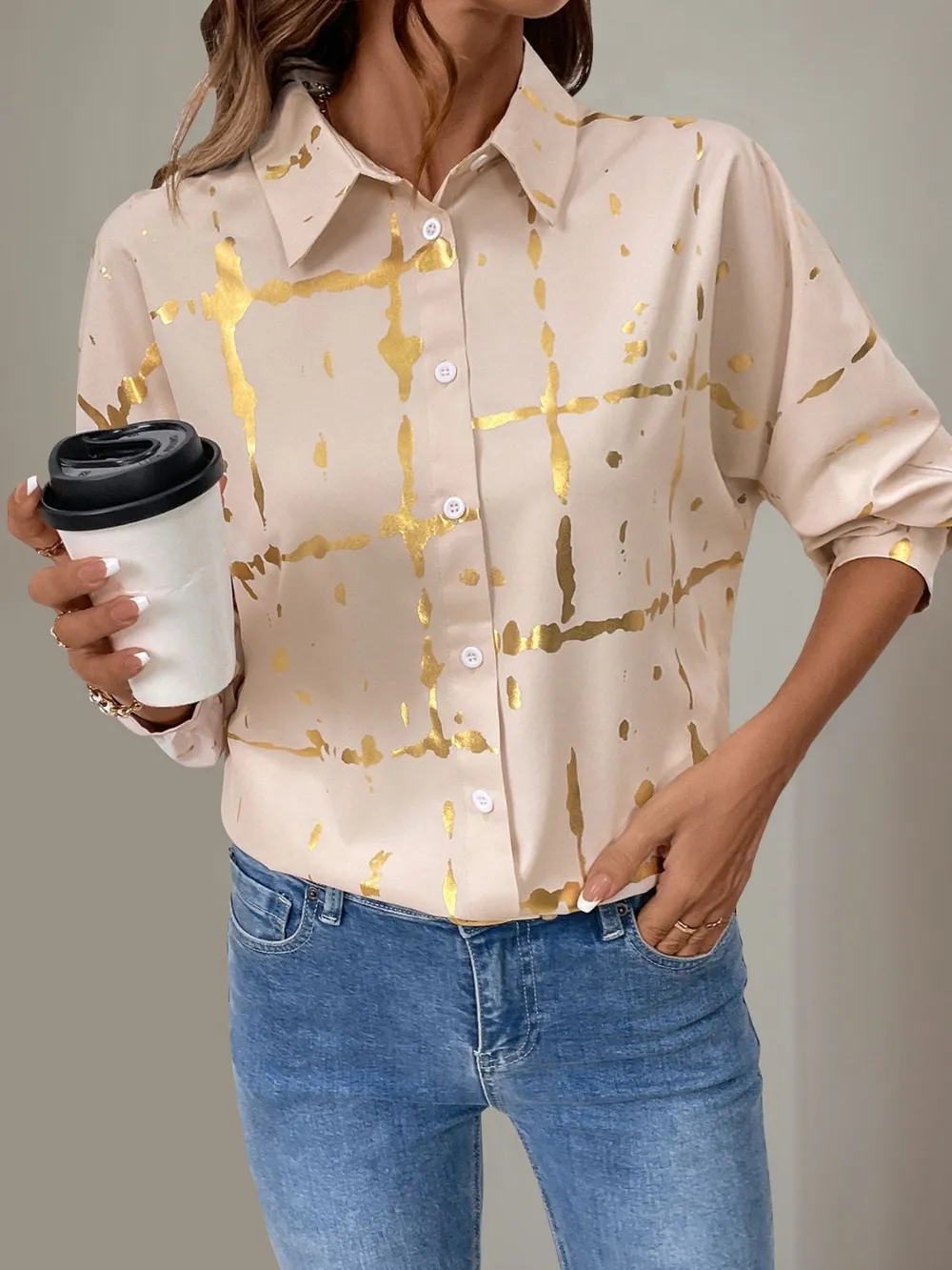 Printed Collared Neck Long Sleeve Shirt, image 3