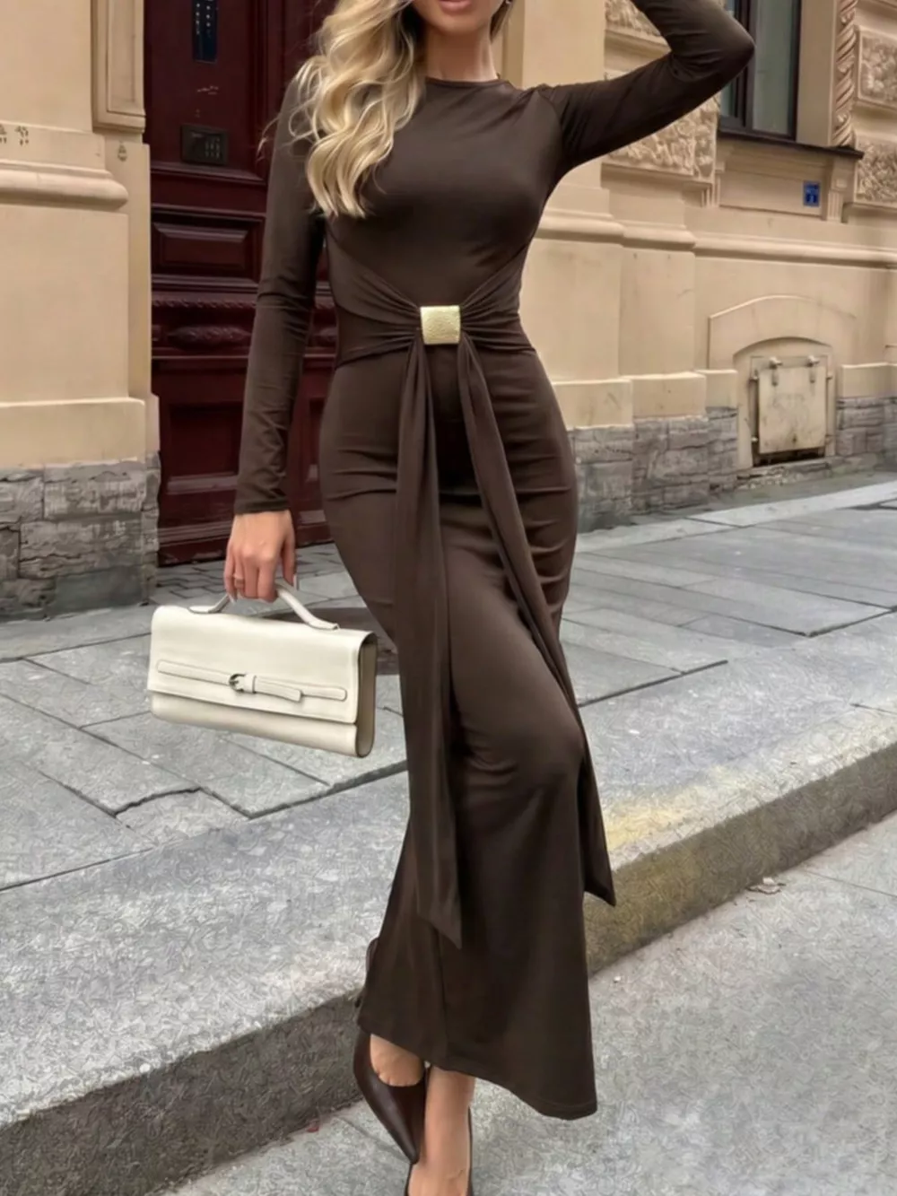 Backless Long-Sleeve Bodycon Maxi Dress with Gold-Tone Waist Buckle
