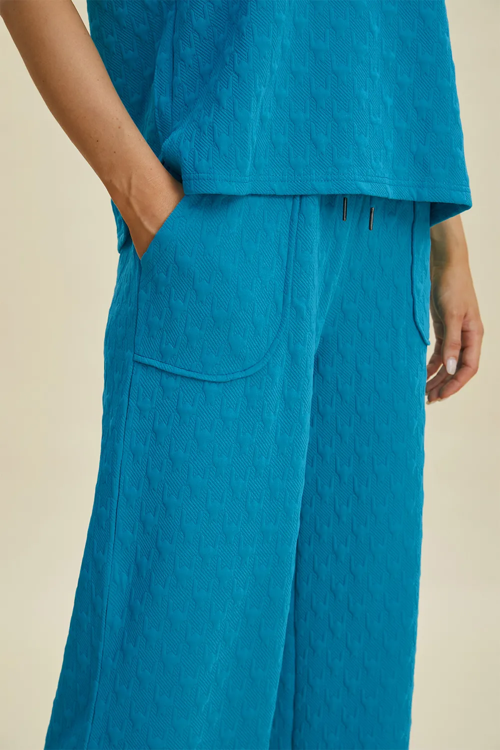 Full Size Texture Drawstring Short Sleeve Hoodie and Pocketed Pants Set, image 4