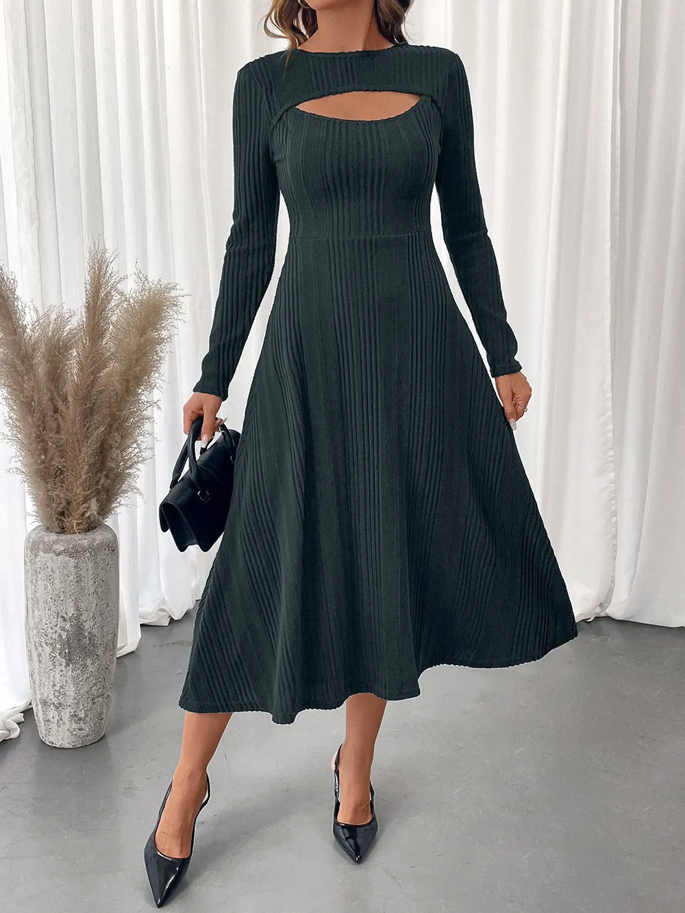 Ribbed Knit Cutout Long Sleeve Midi Dress, image 5