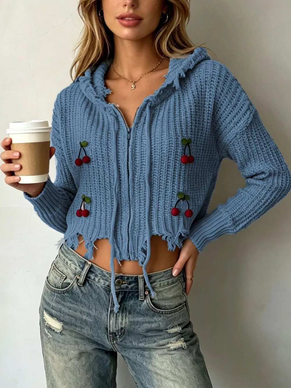 Cherry Knit Zip-Up Hooded Sweater, image 8