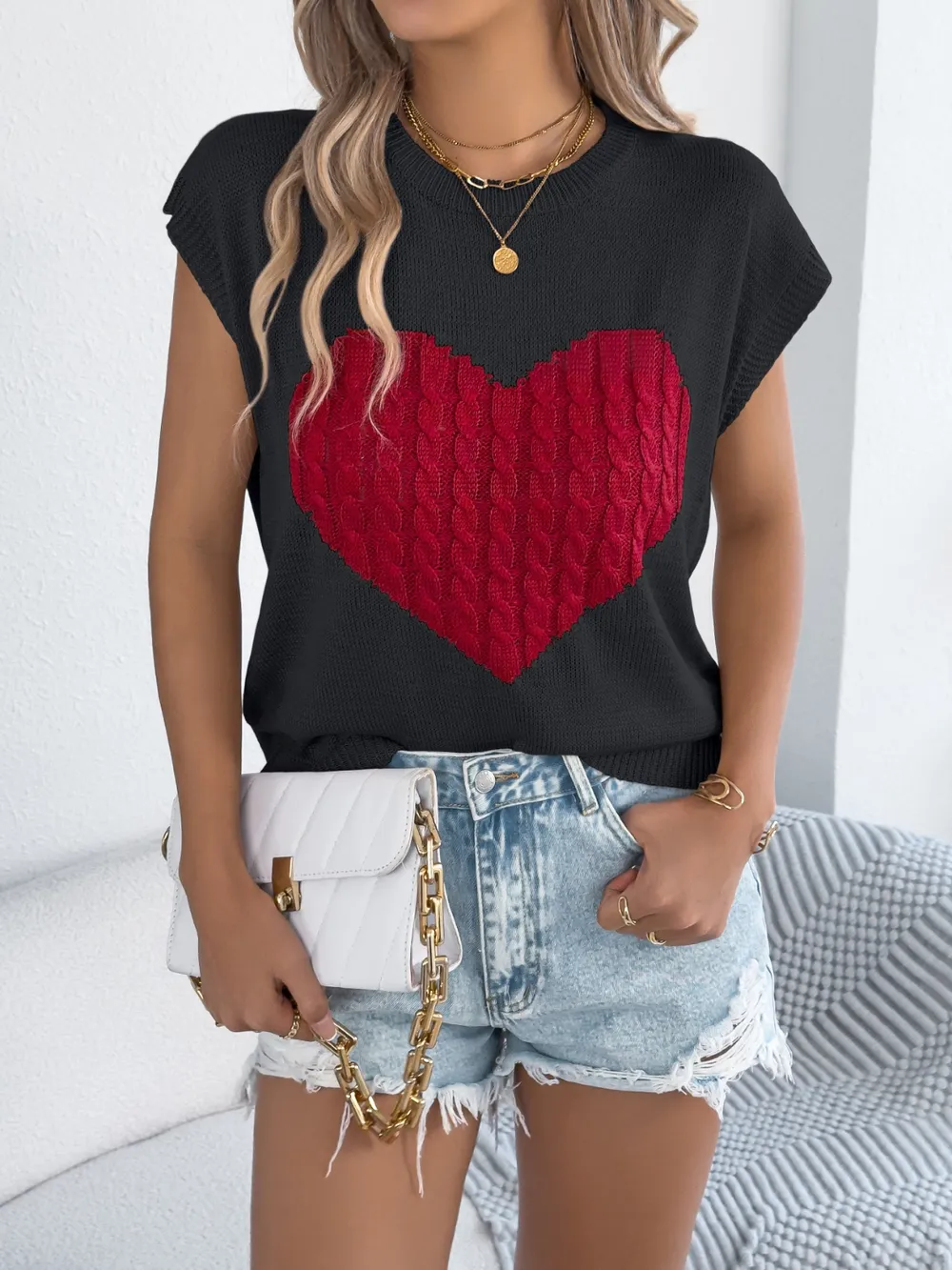 Cable Knit Heart Round Neck Cap Sleeve Knit Top, image 16