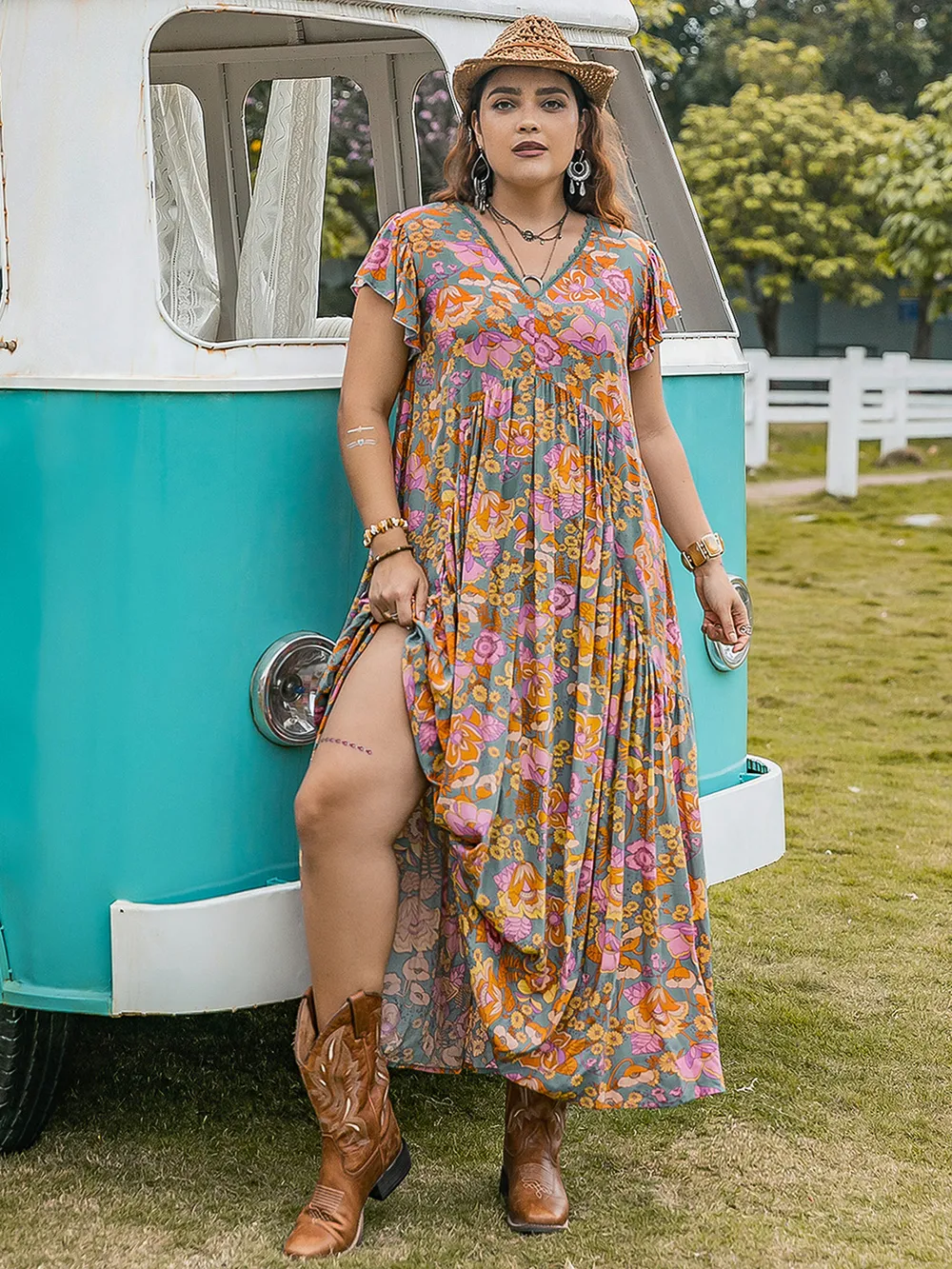 Plus Size Ruffled Printed Cap Sleeve Dress, image 7