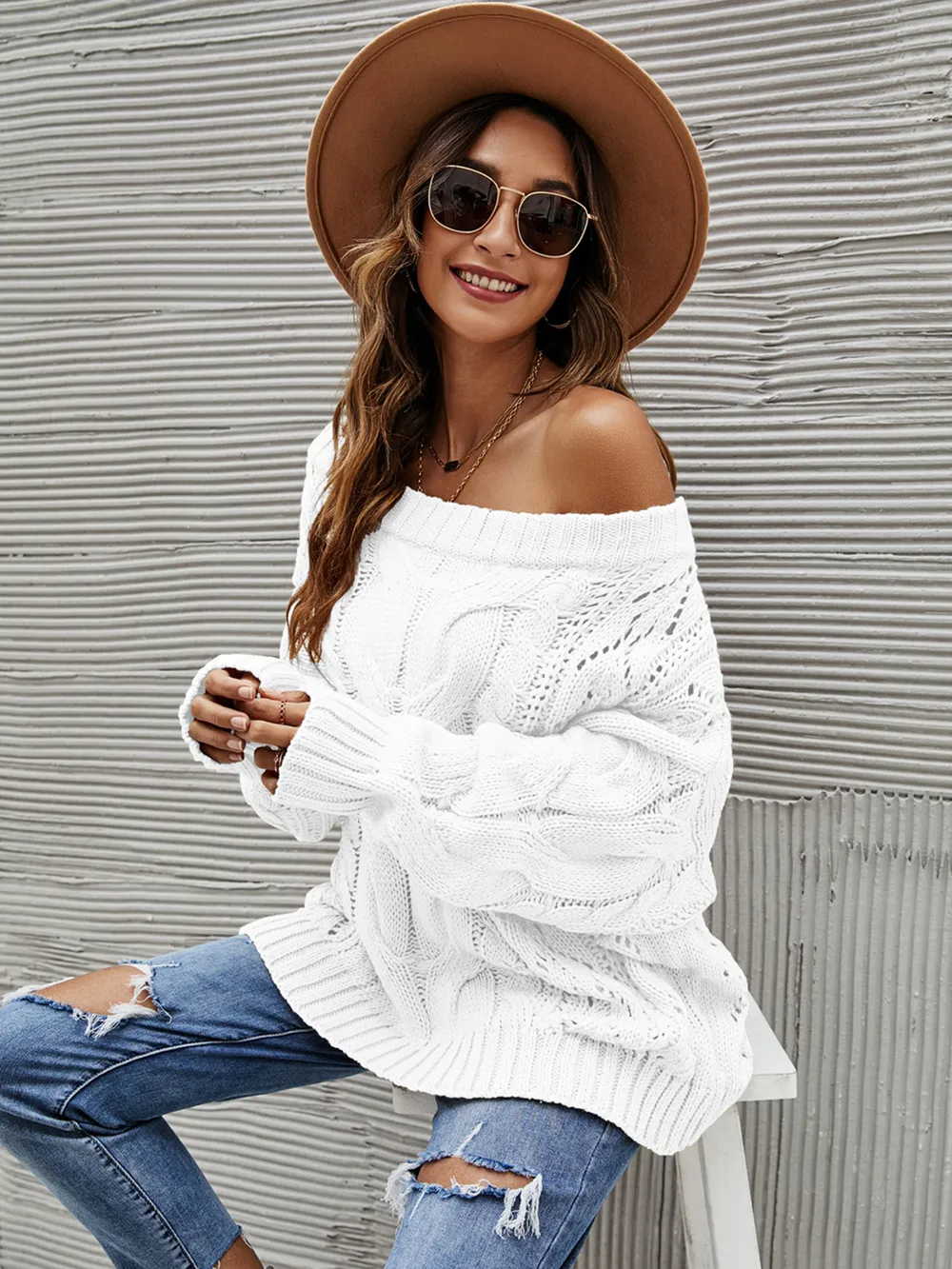 Cable Knit Openwork Off-Shoulder Sweater, image 7