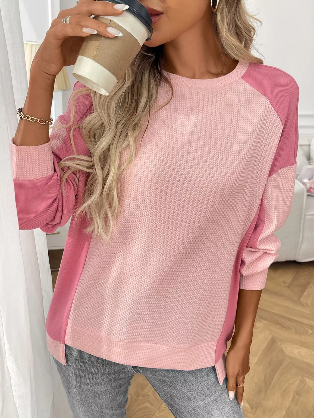 Color Block Waffle Knit Long Sleeve T-Shirt, image 5