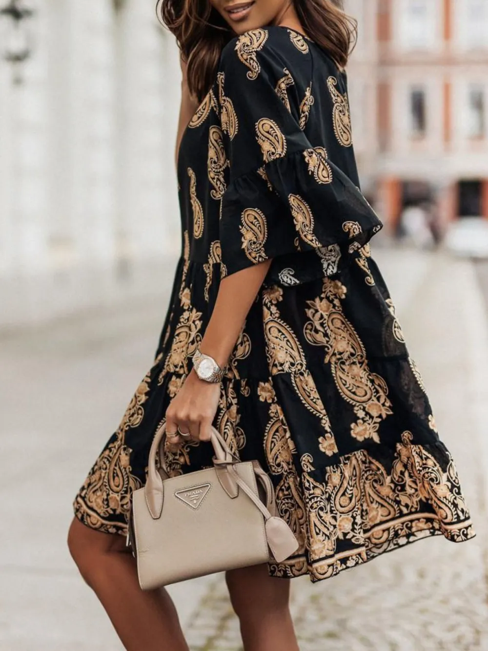 Paisley Print Tie Neck Half Sleeve Mini Dress, image 4