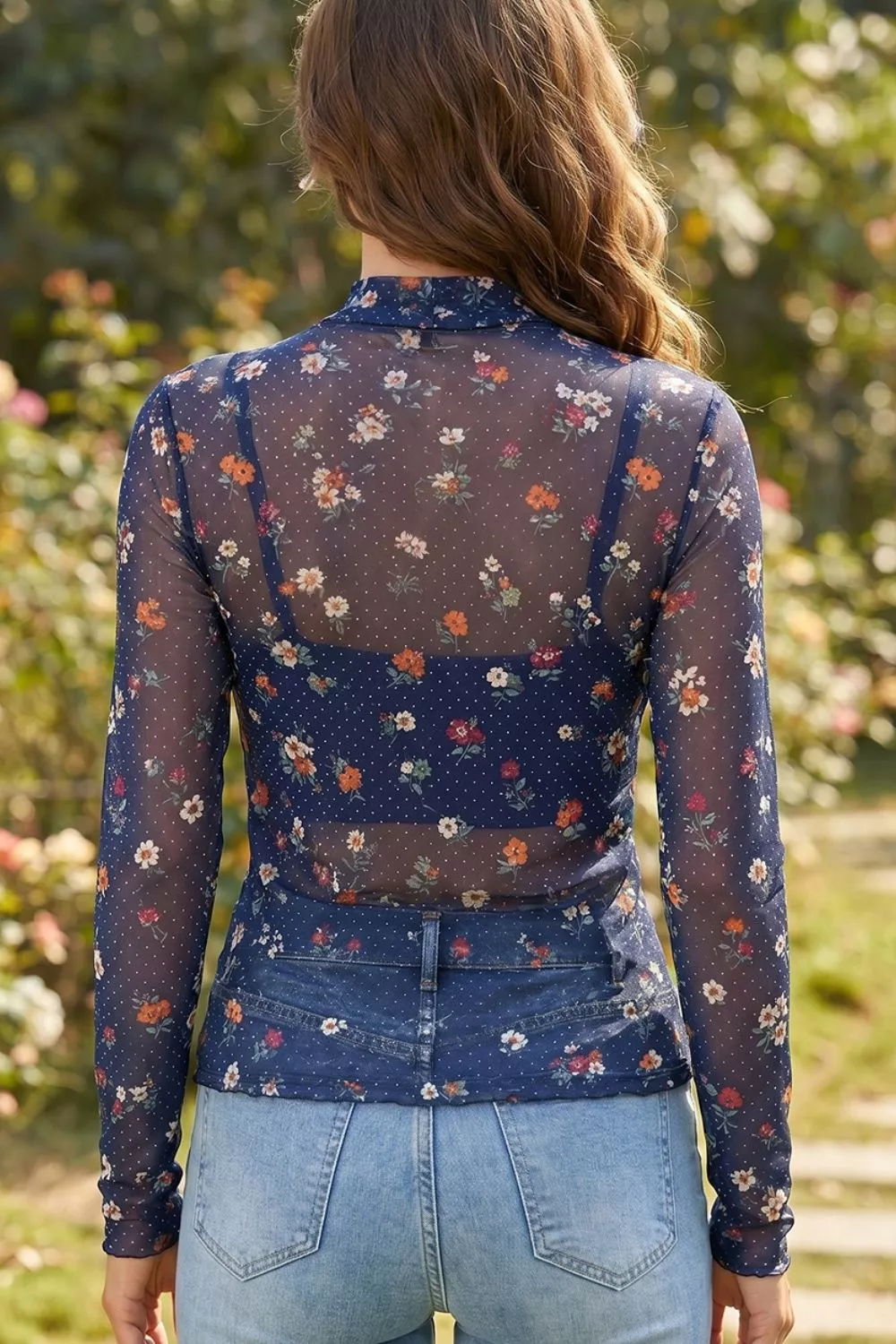 Polka Dot Floral Mesh Long Sleeve High Neck Pullover Sheath Top, image 4