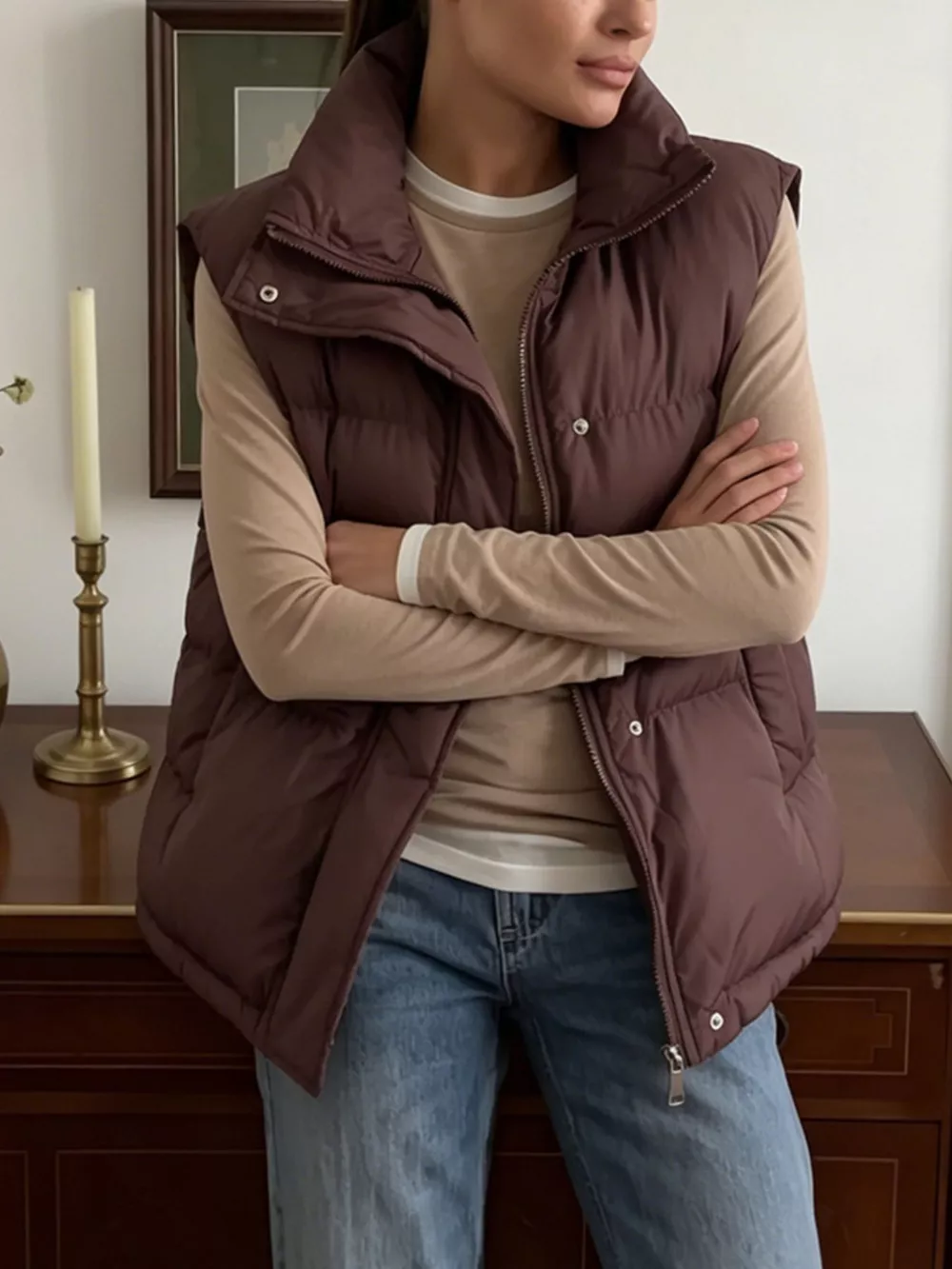 Snap-Button Placket Quilted Puffer Vest Coat, image 10