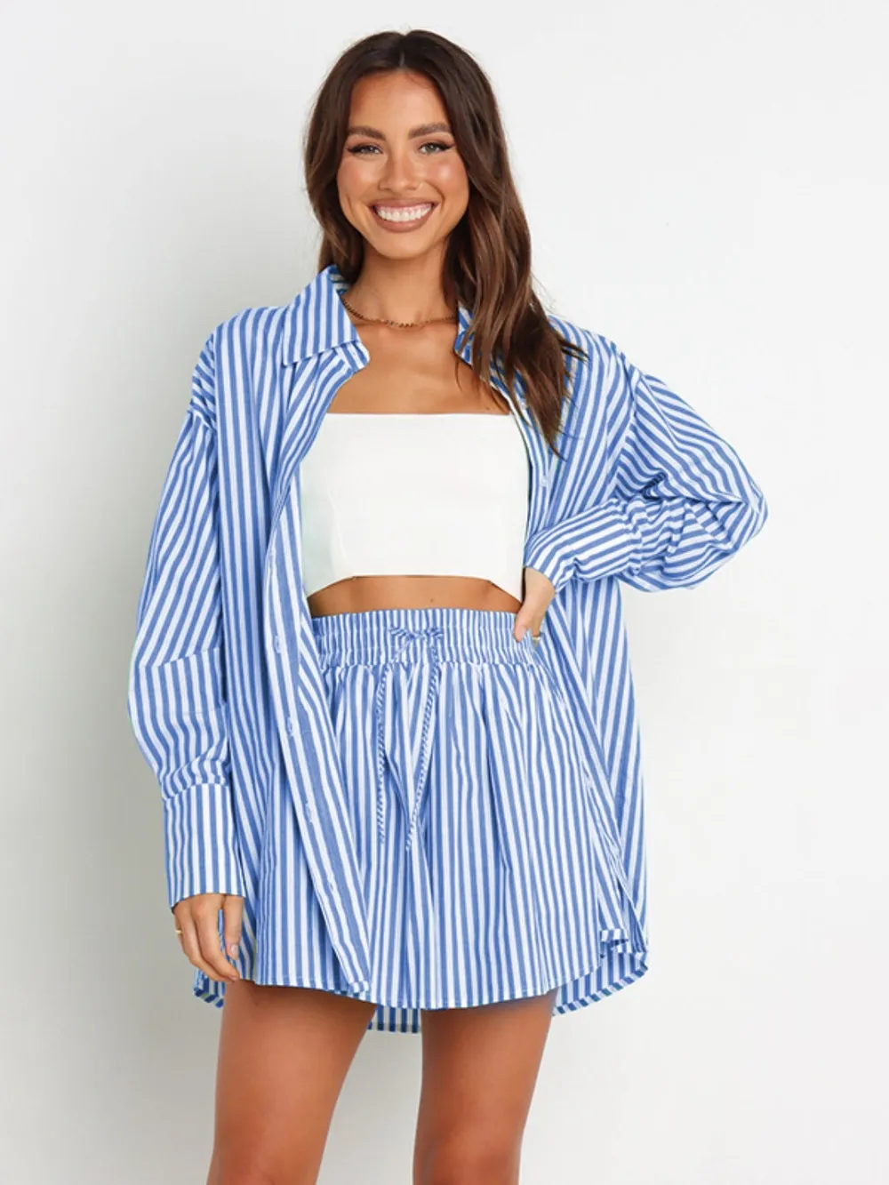 Striped Dropped Shoulder Shirt and Shorts Set, image 5