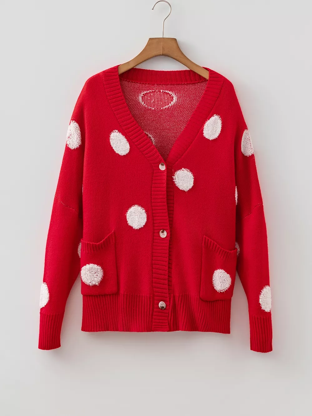 Polka Dot Button Front Oversized V Neck Cardigan, image 5