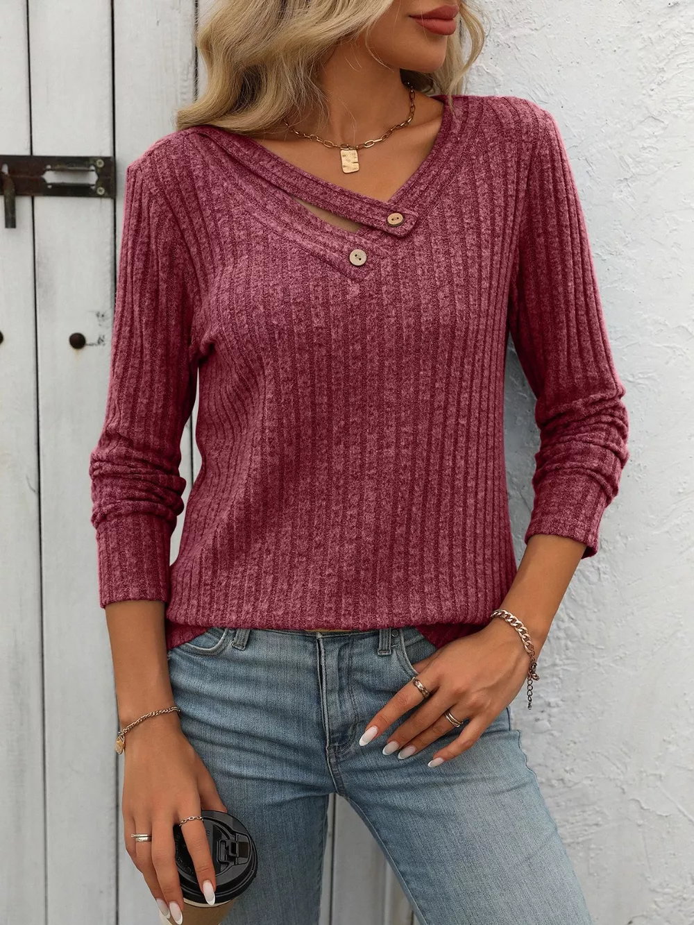 Ribbed Knit Long Sleeve Button Detail T-Shirt, image 13