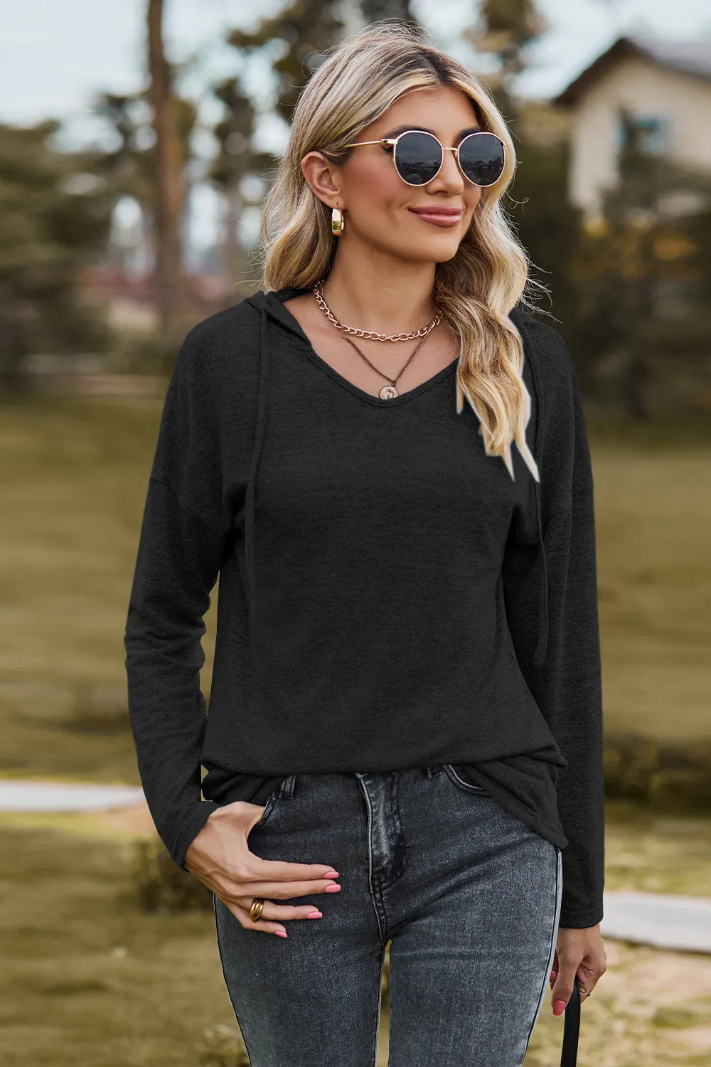 Drawstring Dropped Shoulder Hooded T-Shirt, image 13