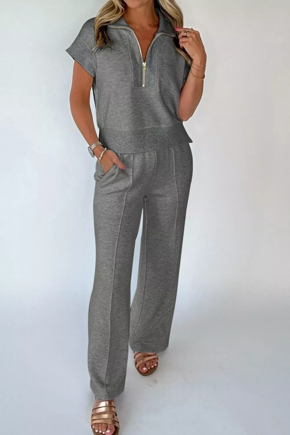 Half Zip Polo Tee Casual Pant Set, image 2