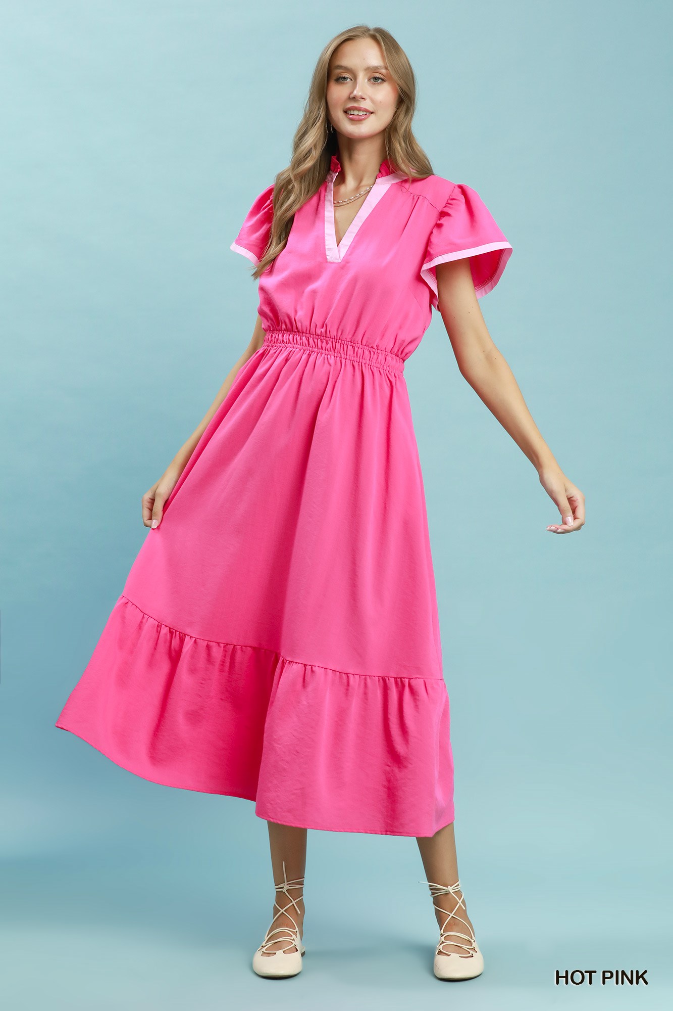 Contrast Trim Midi Dress with Tiered Ruffle Hem, image 5