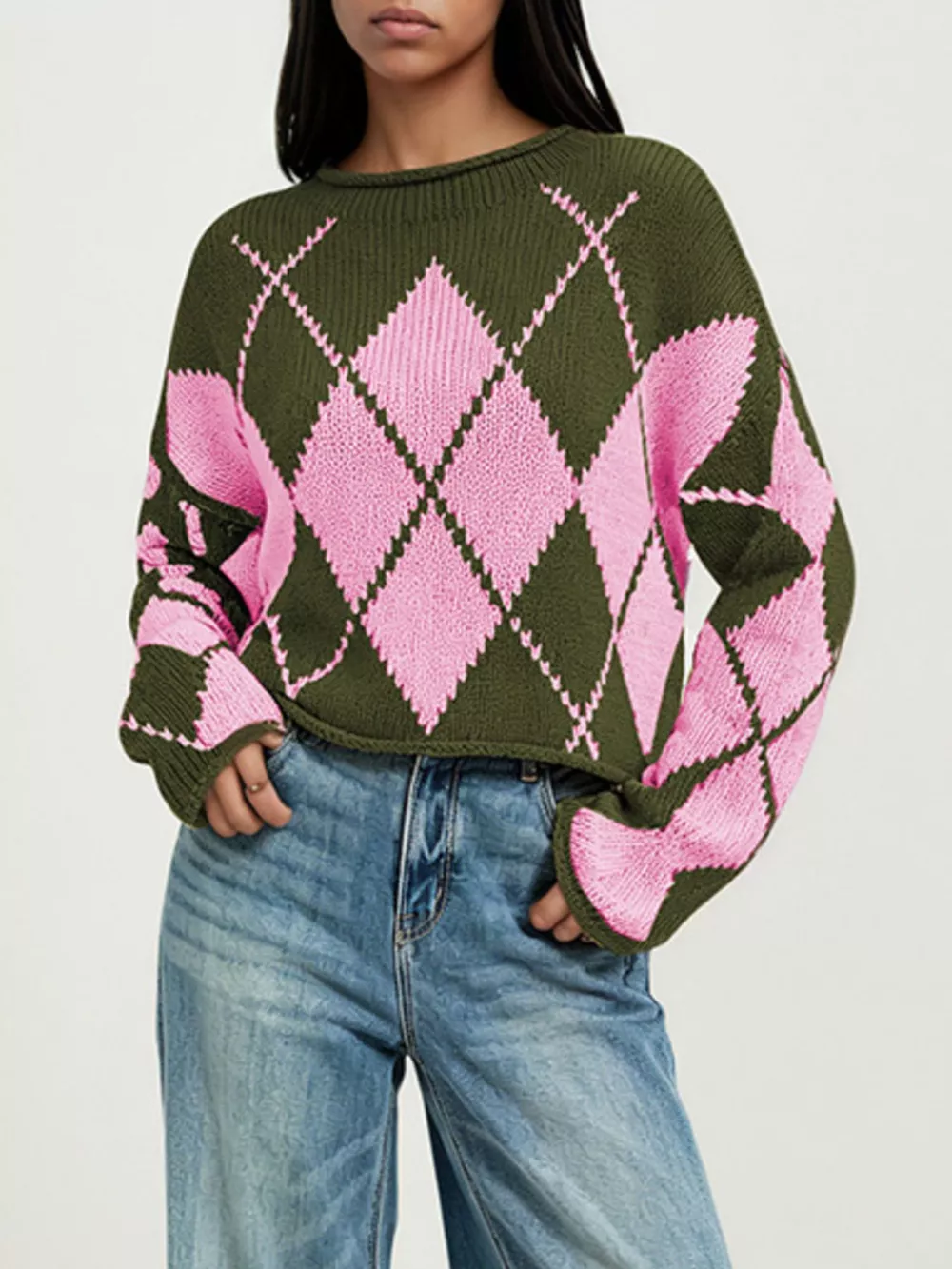 Argyle Pattern Knit Dropped Shoulder Sweater, image 3