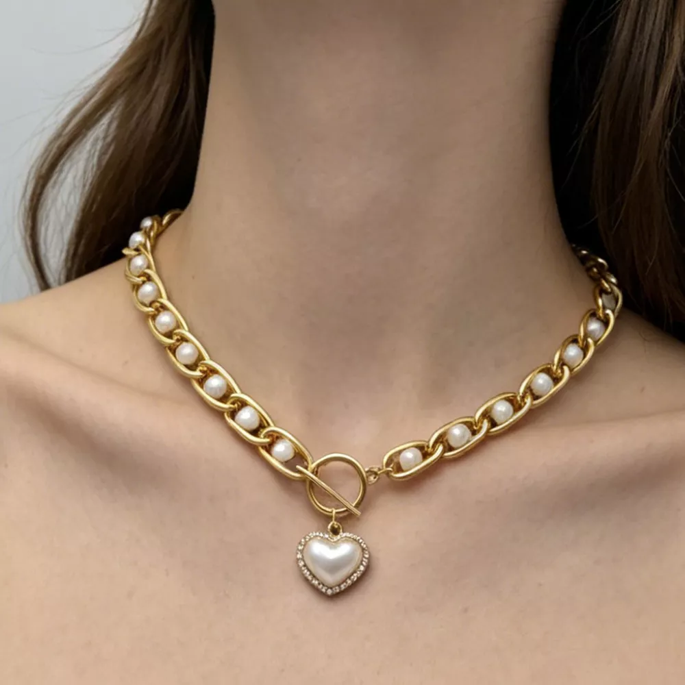 Chunky Pearl and Heart Pendant Necklace, image 2