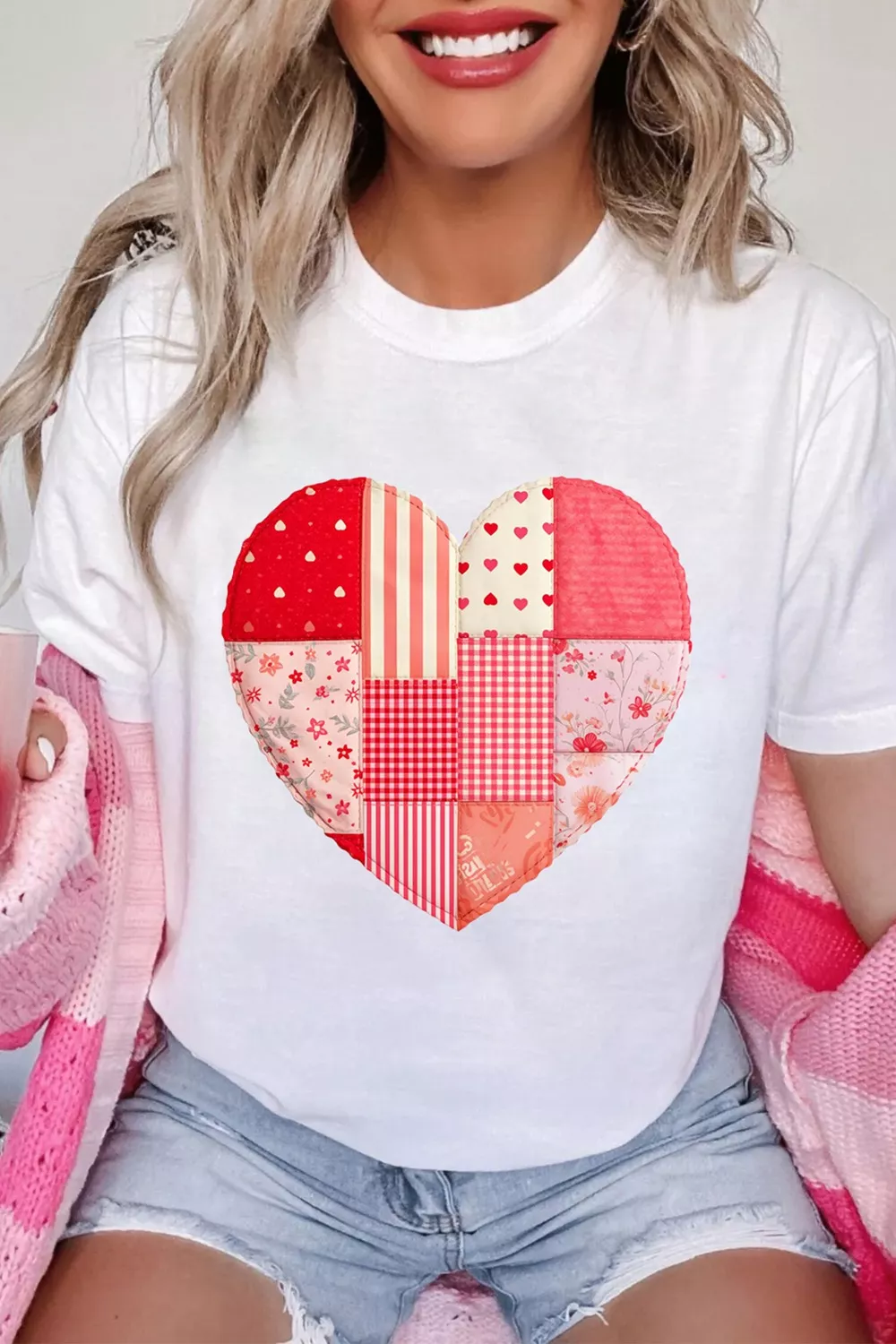 Floral Plaid Mixed Patchwork Heart-shape Graphic T Shirt, image 2