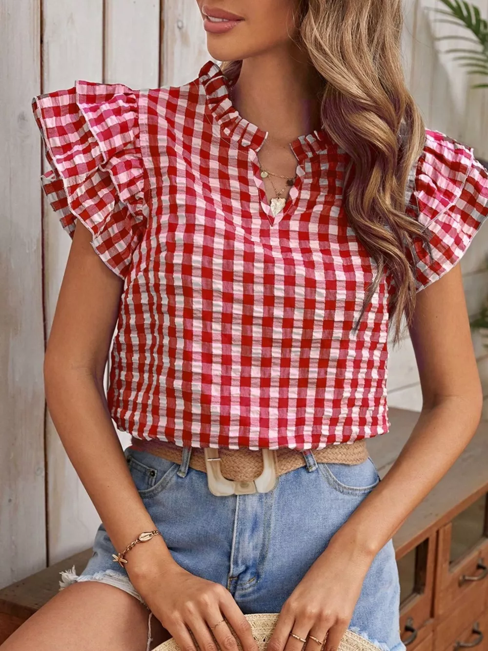 Gingham Ruffle Sleeve Blouse, image 2