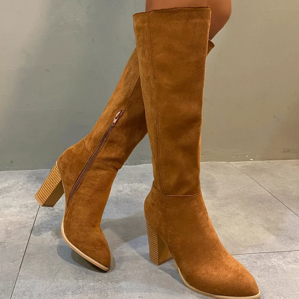 Point Toe Knee-High Suede Block Heel Boots, image 4