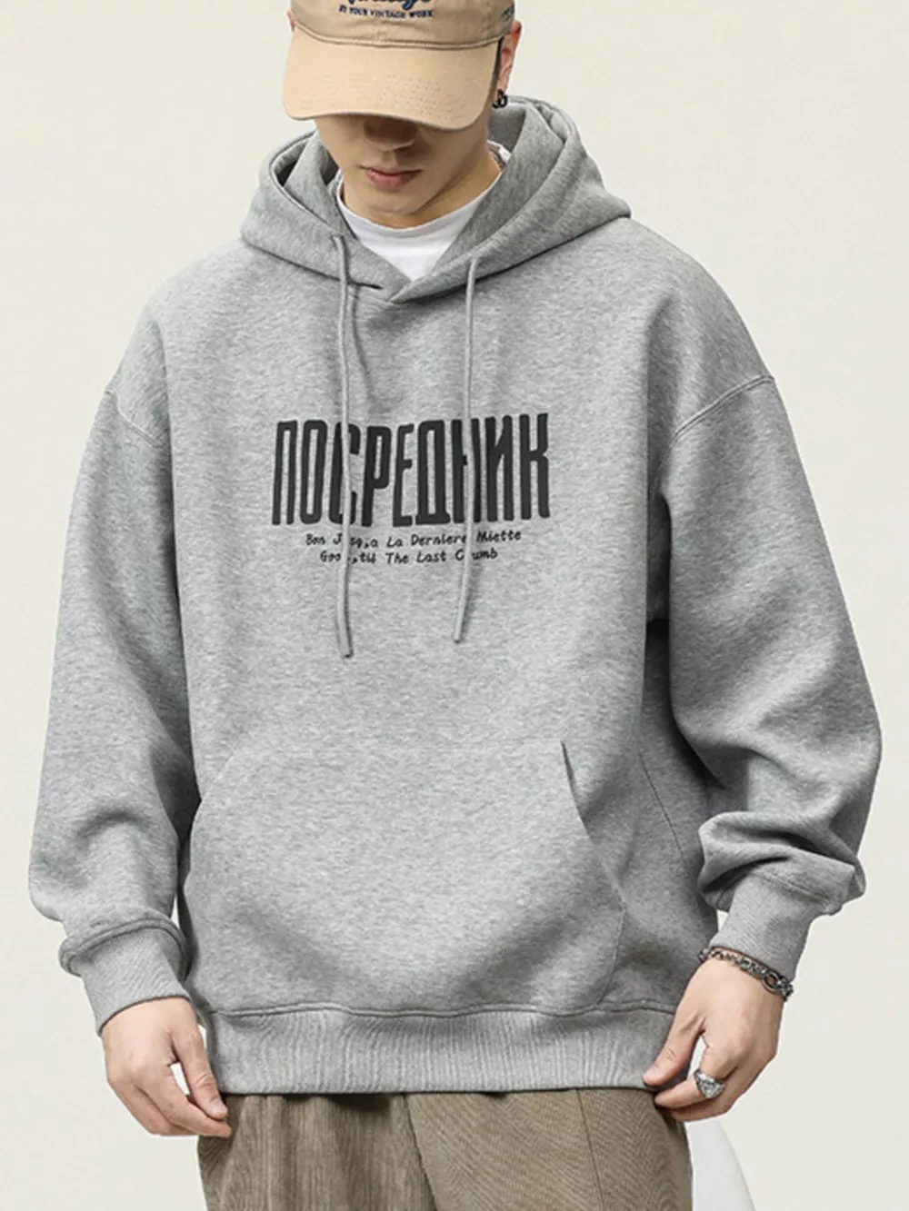 Men's Plus Size Drawstring Letter Dropped Shoulder Hoodie, image 3