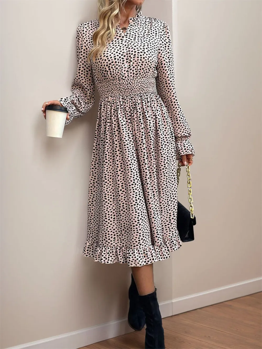 Ruched Ruffled Leopard Long Sleeve Dress, image 5