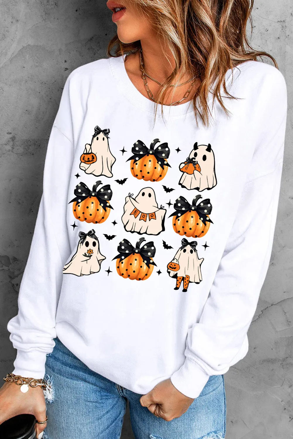 Pumpkin & Ghost Round Neck Long Sleeve Sweatshirt, image 5