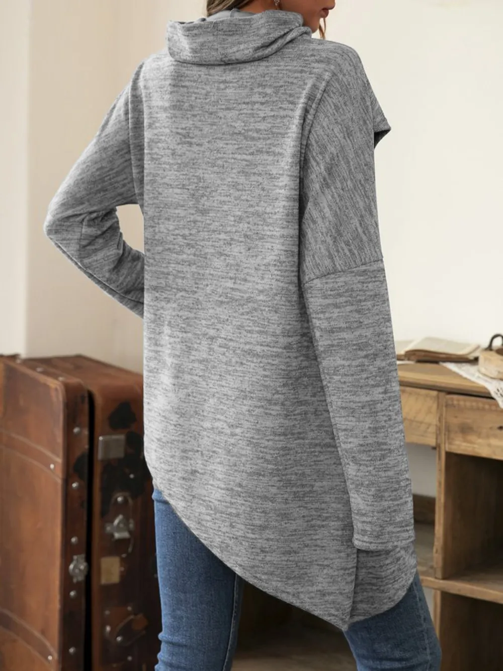 Asymmetrical Hem Cowl Neck Long Sleeve T-Shirt, image 9