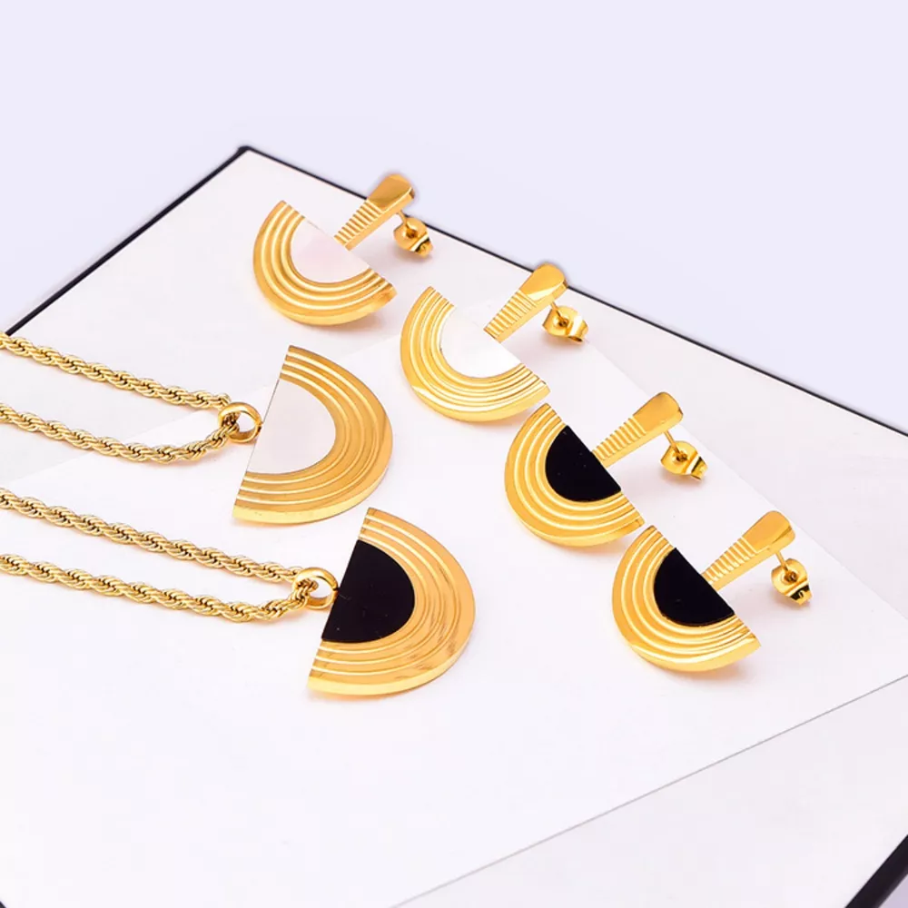 Geometric Half-Circle 18K Gold Plated Necklace Ring and Earrings Jewelry Set, image 2