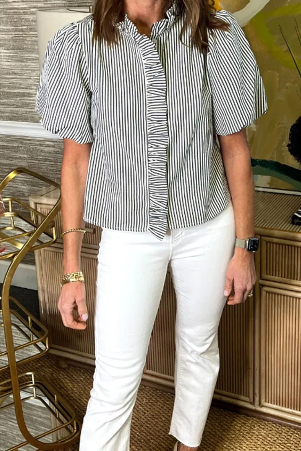 Striped Ruffle Short Bubble Sleeve Shirt, image 8
