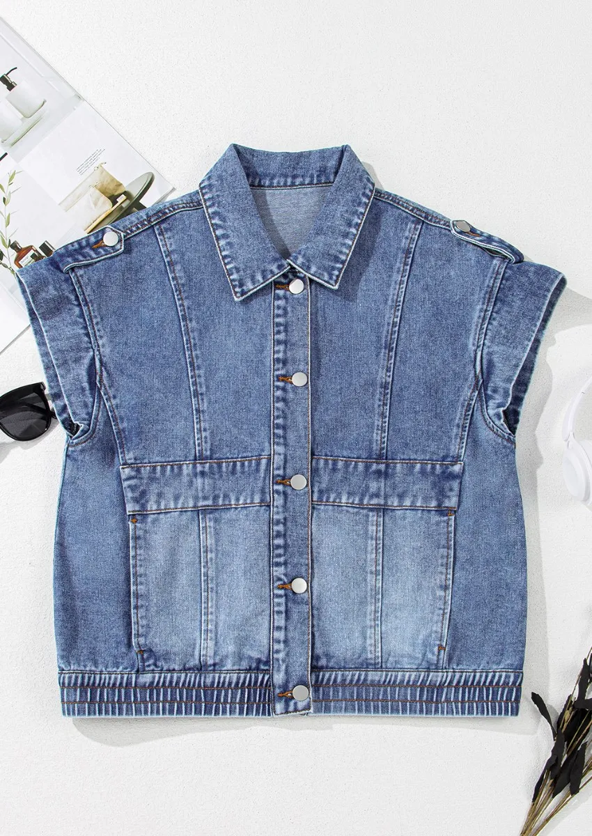 Button Up Cap Sleeve Denim Jacket, image 6