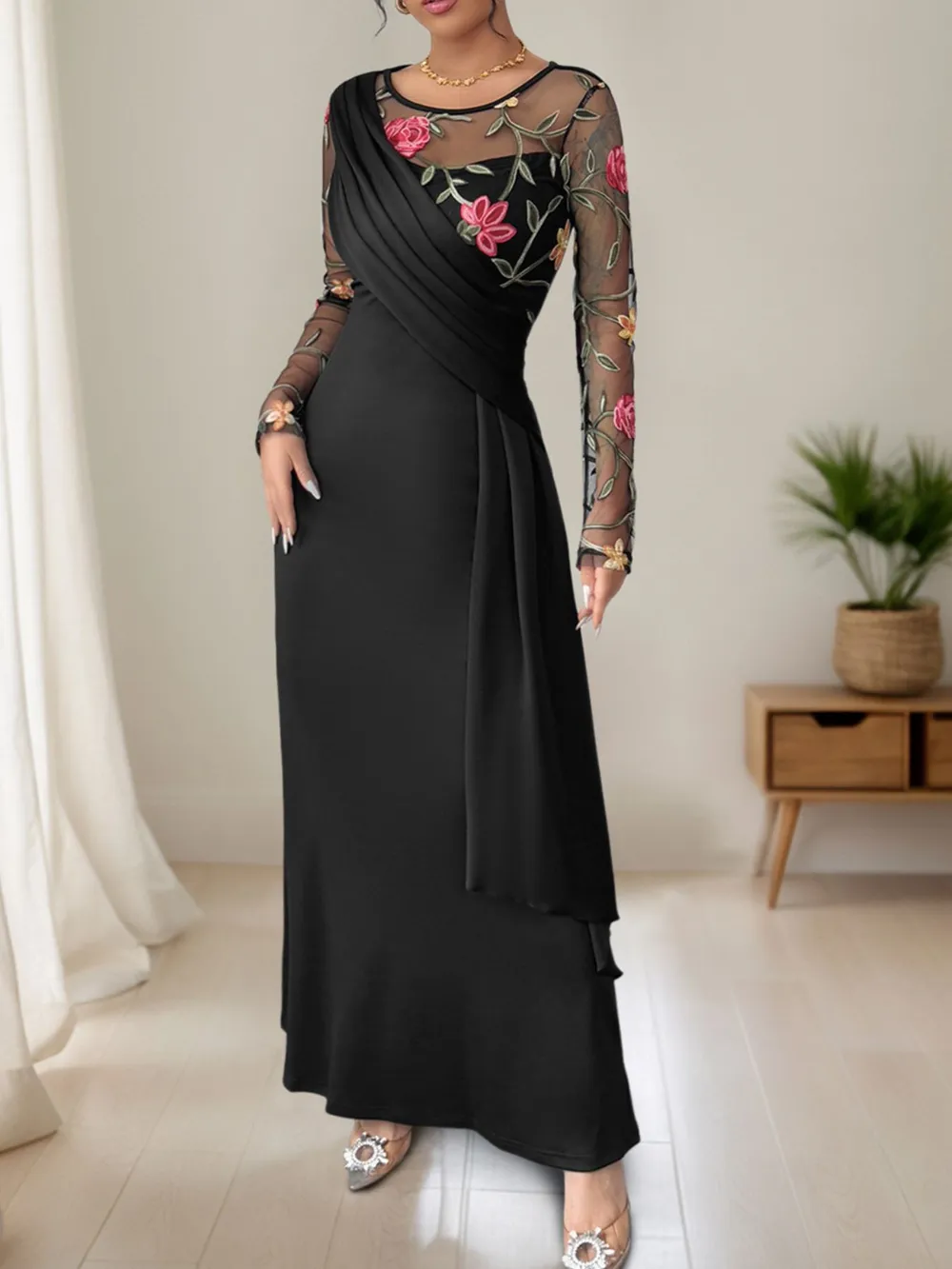 Floral Mesh Sleeve Ruched Maxi Dress