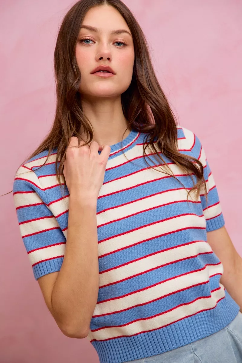 Stripe Knit Crew Neck Short Sleeves Sweater Top, image 10