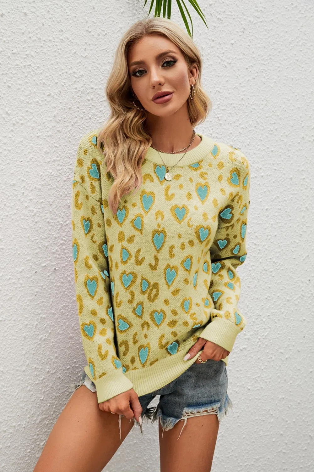 Heart Round Neck Dropped Shoulder Sweater, image 6