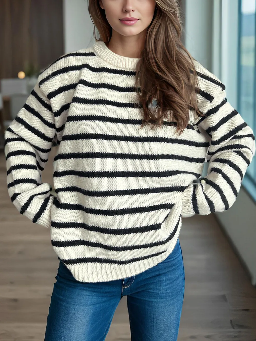 Striped Round Neck Long Sleeve Sweater, image 2