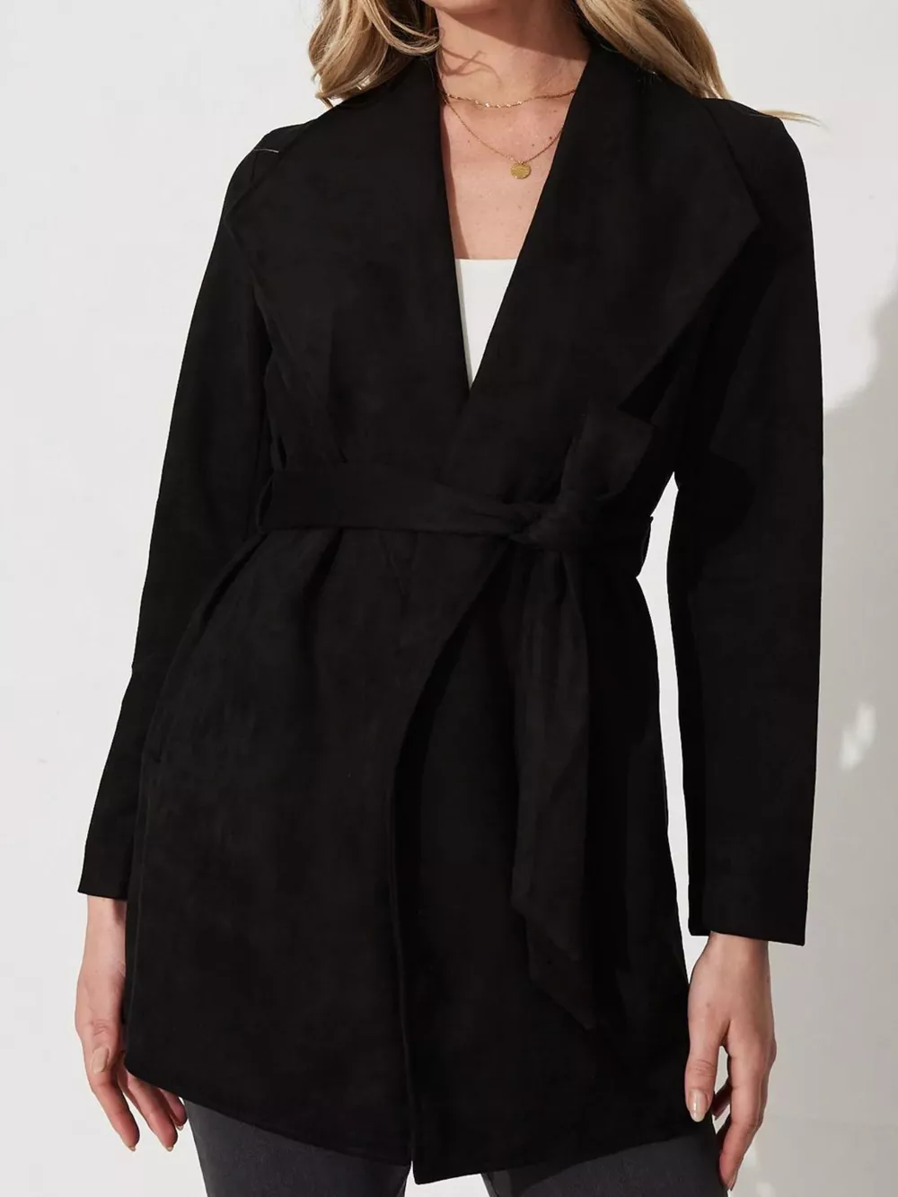 Suede Tie Waist Long Sleeve Outerwear, image 4